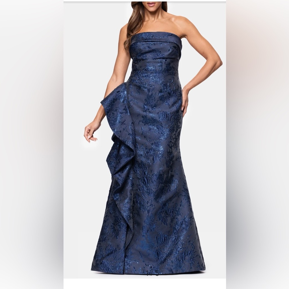 Xscape Evenings Strapless Ruffle Brocade Blue Gown Size:14  $308